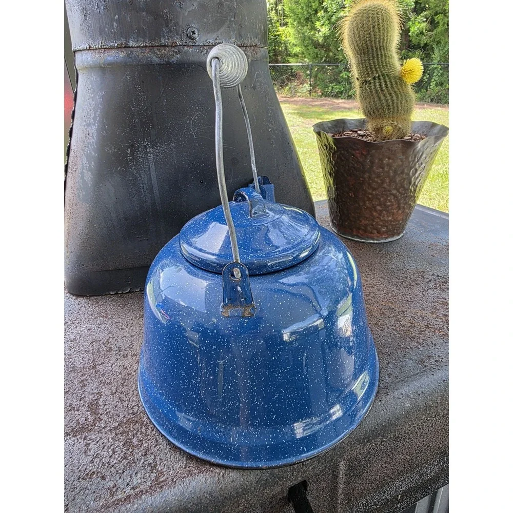 VTG Blue Speckled Enamelware Coffee Tea Pot Kettle 7